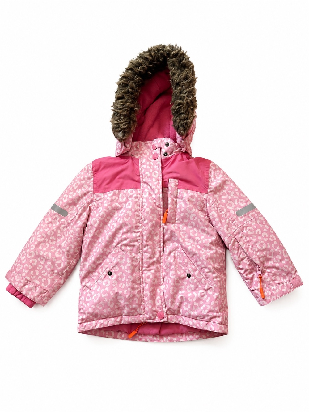 Mini Boden Pink Leopard Print Girls' Winter Jacket with Faux Fur Hood sz 3-4T